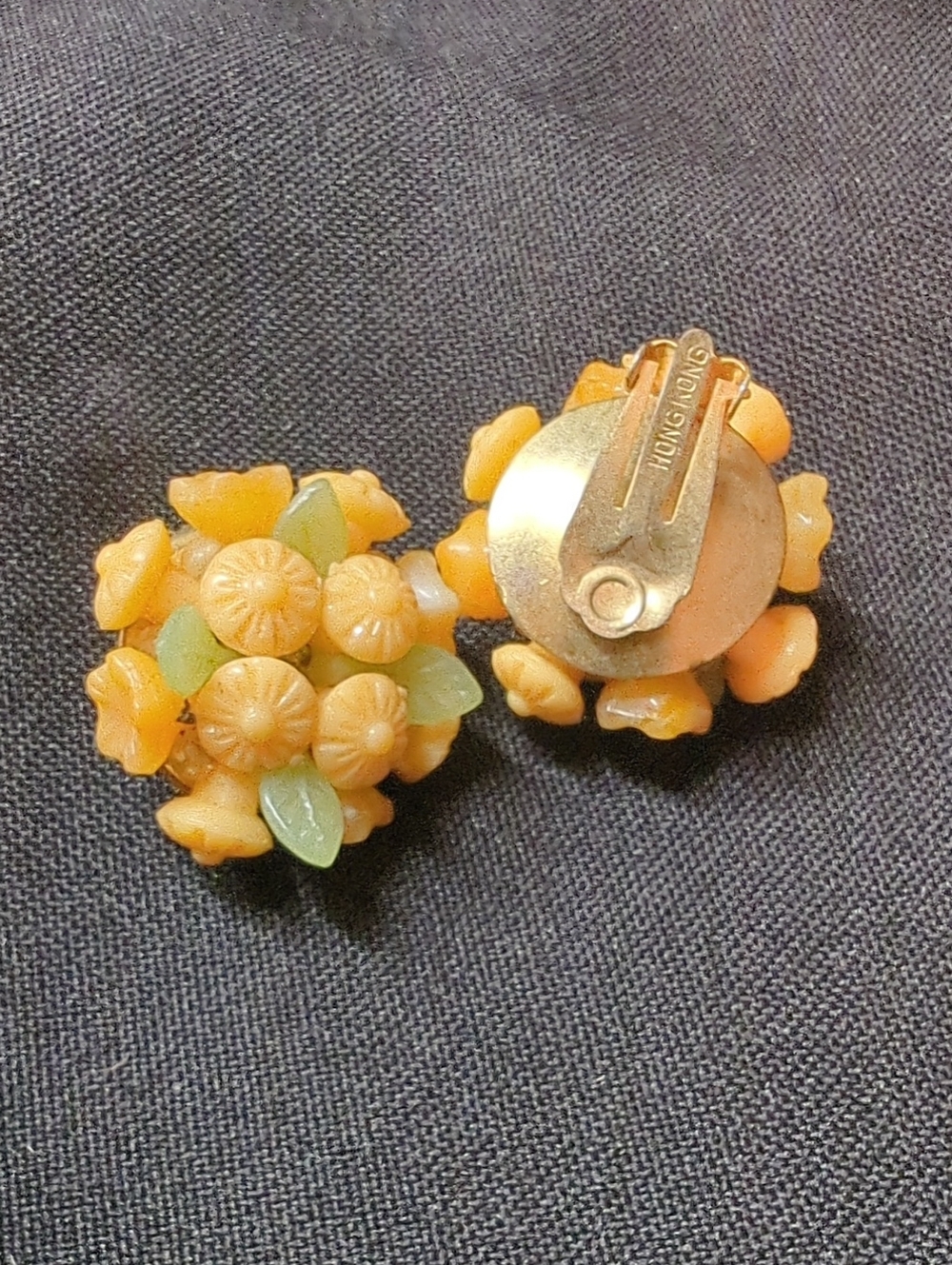 Vintage Lucite Floral Clip-On Earrings - Yellow with Green Leaves (Hong Kong)